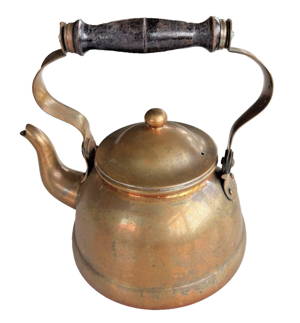 B & M Douro Stamped NICE Vintage Copper W/ Wood Swinging Handle Tea Kettle Pot